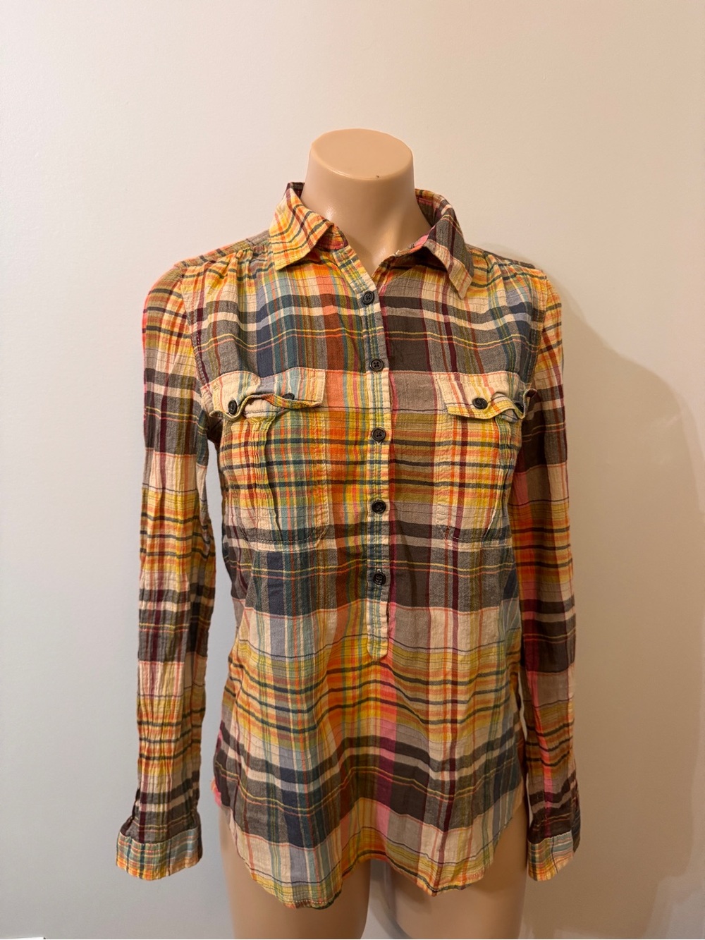 Gap Plaid Button Up Long Sleeve Shirt Orange Yellow Fall Small